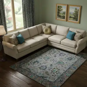 Photo of Pewter And Teal Oriental Washable Area Rug With UV Protection