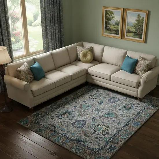 Pewter And Teal Oriental Washable Area Rug With UV Protection Photo 2