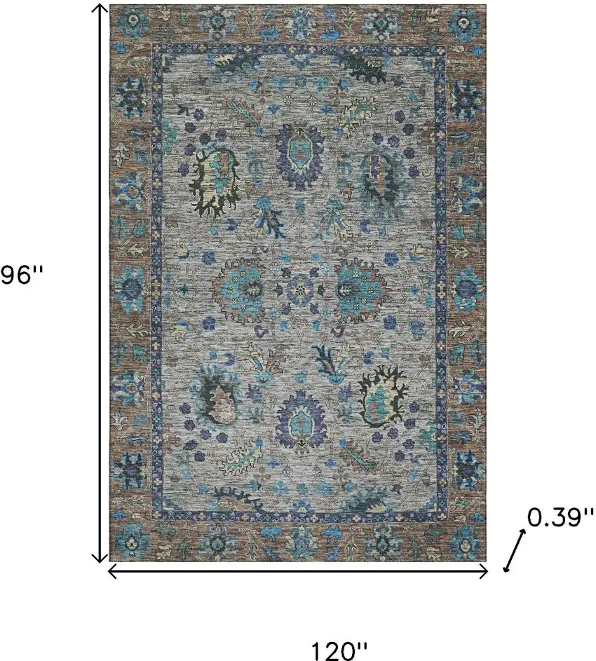 Pewter And Teal Oriental Washable Area Rug With UV Protection Photo 8