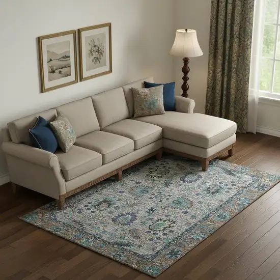 Pewter And Teal Oriental Washable Area Rug With UV Protection Photo 2