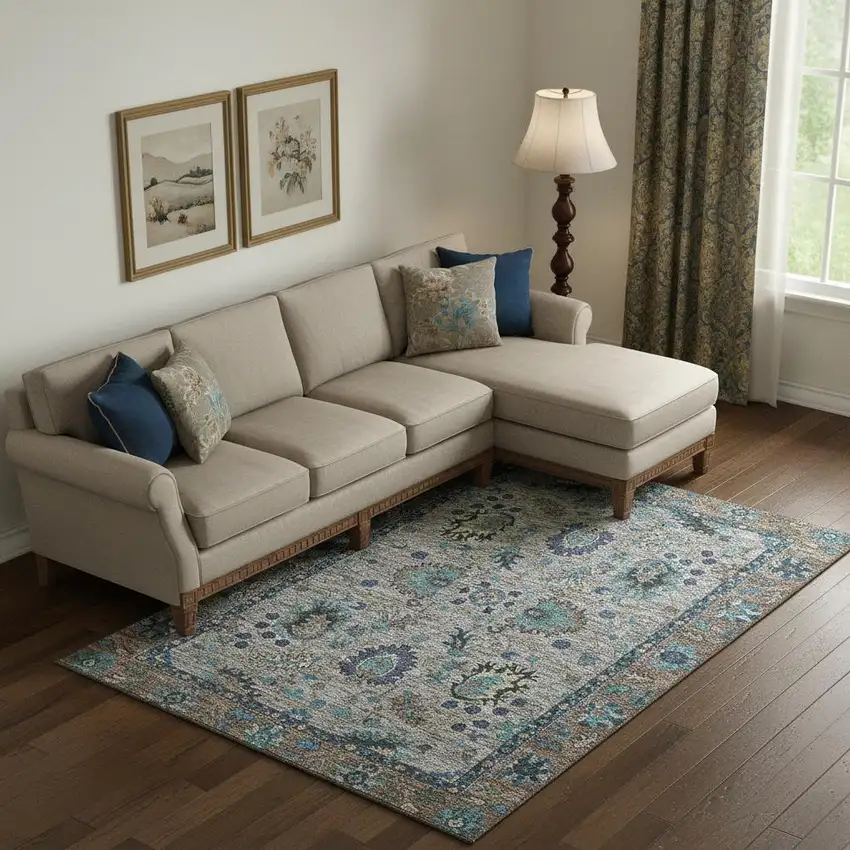 Pewter And Teal Oriental Washable Area Rug With UV Protection Photo 2