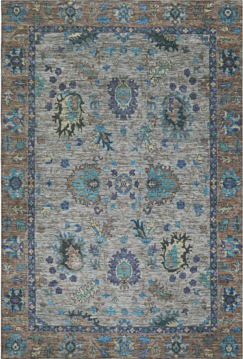 Pewter And Teal Oriental Washable Area Rug With UV Protection Photo 1