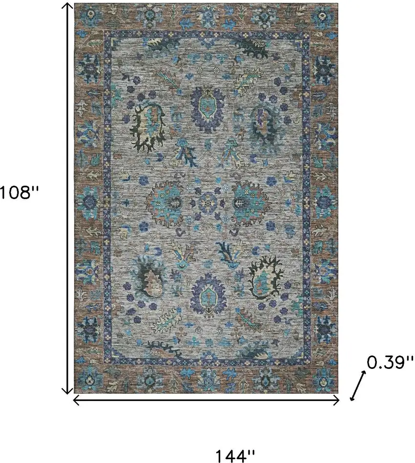 Pewter And Teal Oriental Washable Area Rug With UV Protection Photo 8