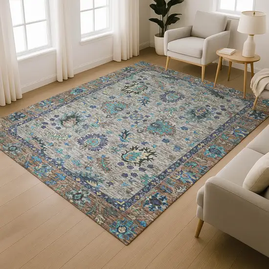 Pewter And Teal Oriental Washable Area Rug With UV Protection Photo 6