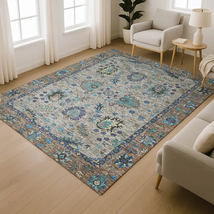 Pewter And Teal Oriental Washable Area Rug With UV Protection Photo 6