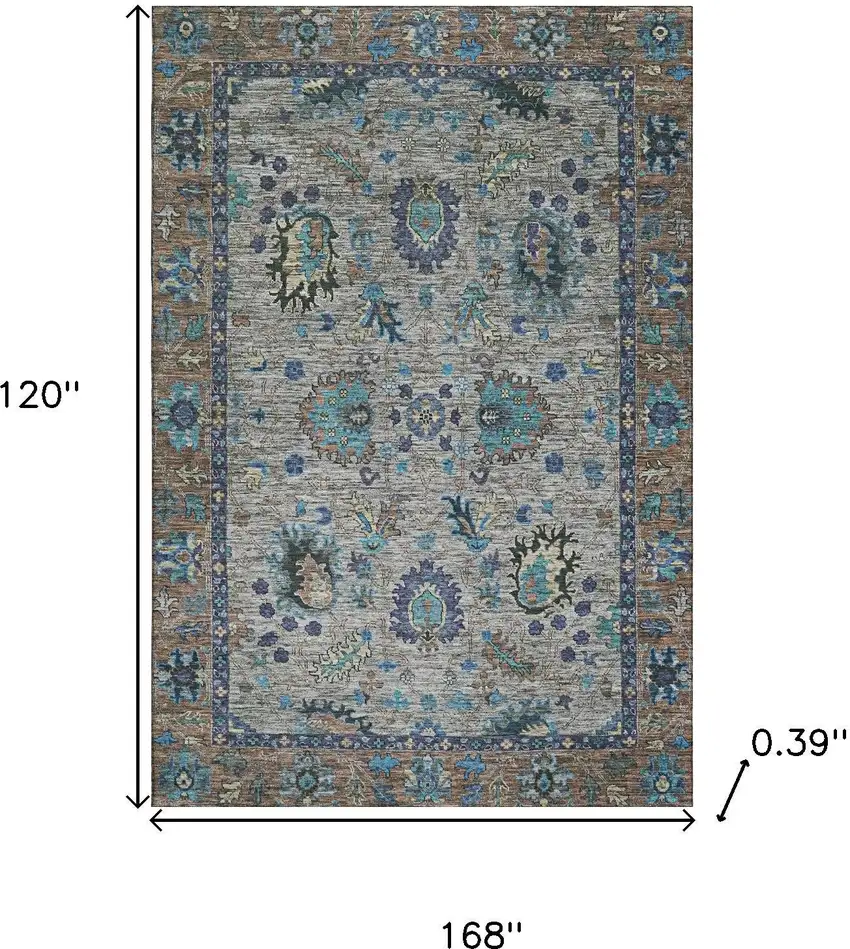 Pewter And Teal Oriental Washable Area Rug With UV Protection Photo 8