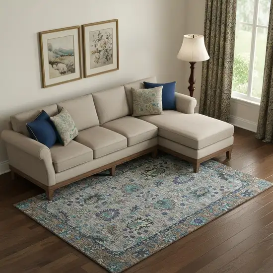 Pewter And Teal Oriental Washable Area Rug With UV Protection Photo 2