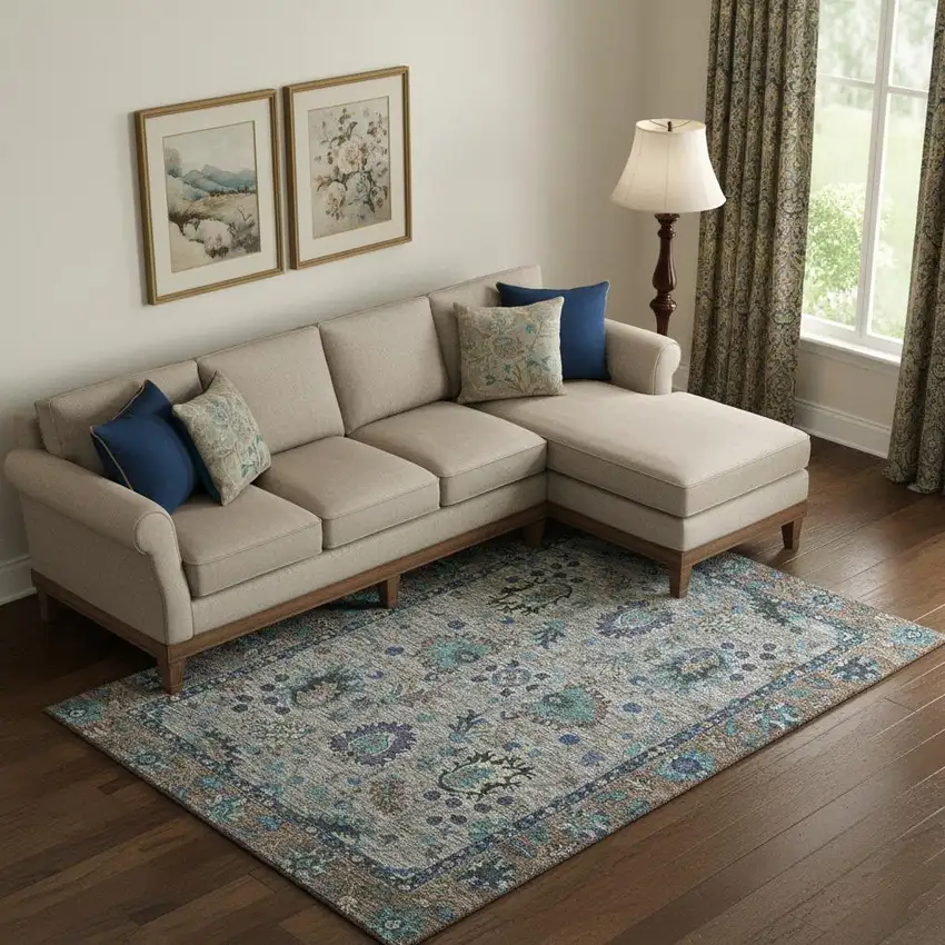 Pewter And Teal Oriental Washable Area Rug With UV Protection Photo 2