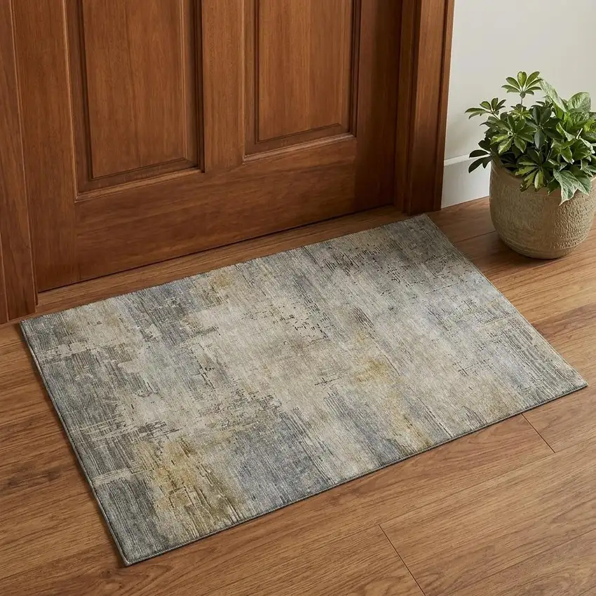 Pewter And Wheat Abstract Washable Area Rug With UV Protection Photo 1