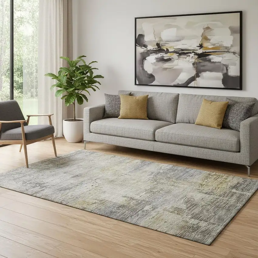 Pewter And Wheat Abstract Washable Area Rug With UV Protection Photo 2