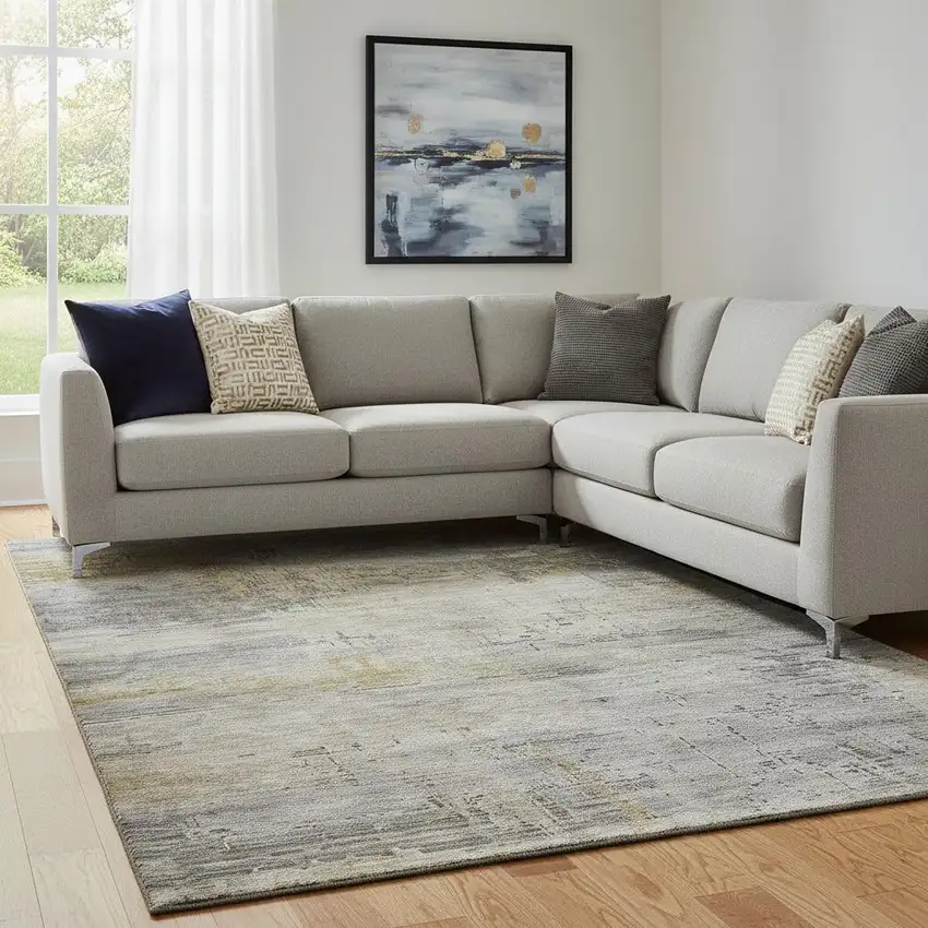 Pewter And Wheat Abstract Washable Area Rug With UV Protection Photo 1