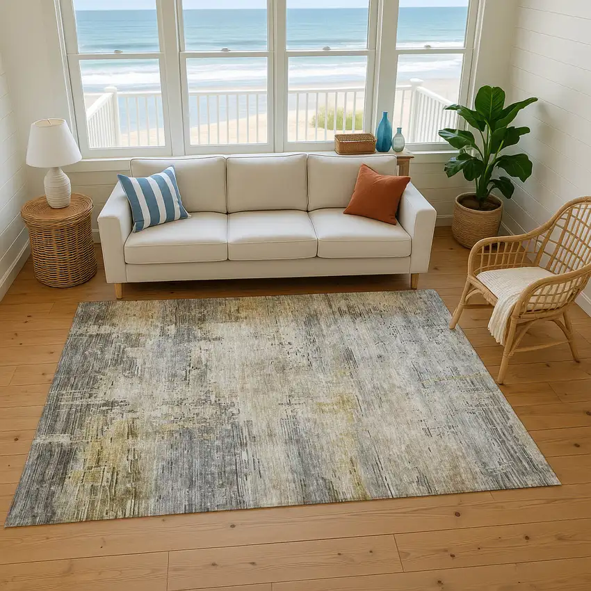 Pewter And Wheat Abstract Washable Area Rug With UV Protection Photo 5