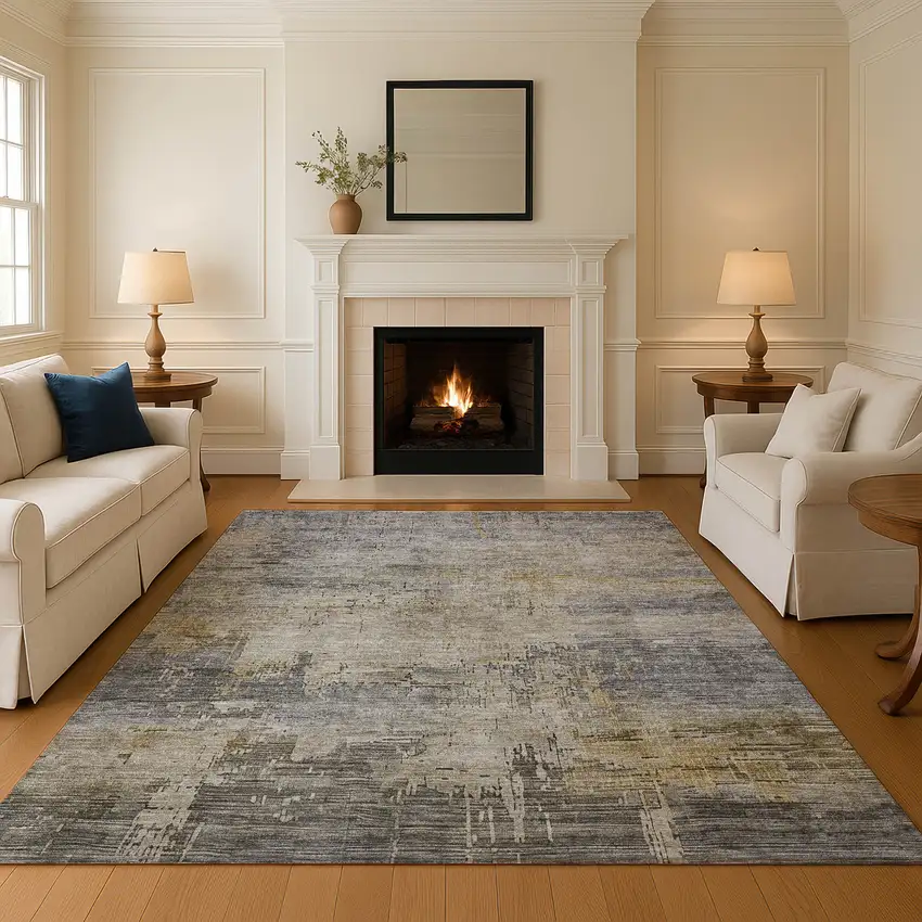Pewter And Wheat Abstract Washable Area Rug With UV Protection Photo 4