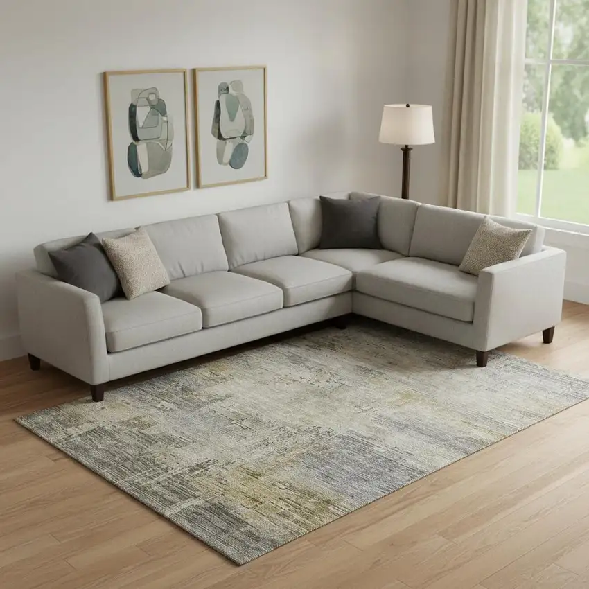 Pewter And Wheat Abstract Washable Area Rug With UV Protection Photo 2