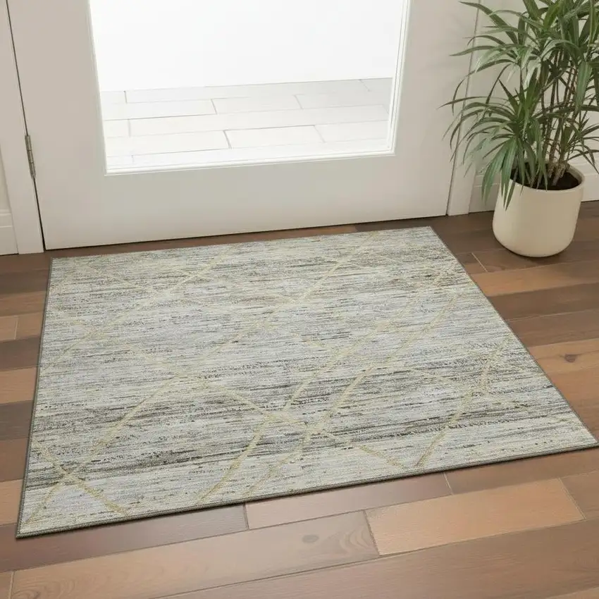 Pewter Beige And Gold Abstract Geometric Washable Area Rug With UV Protection Photo 2