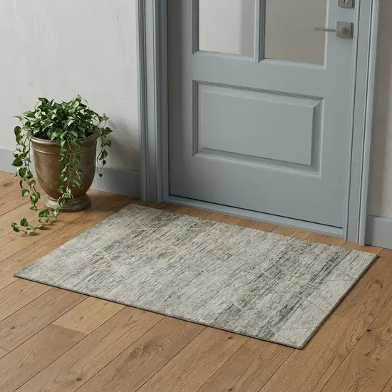 Pewter Beige And Gold Abstract Geometric Washable Area Rug With UV Protection Photo 1