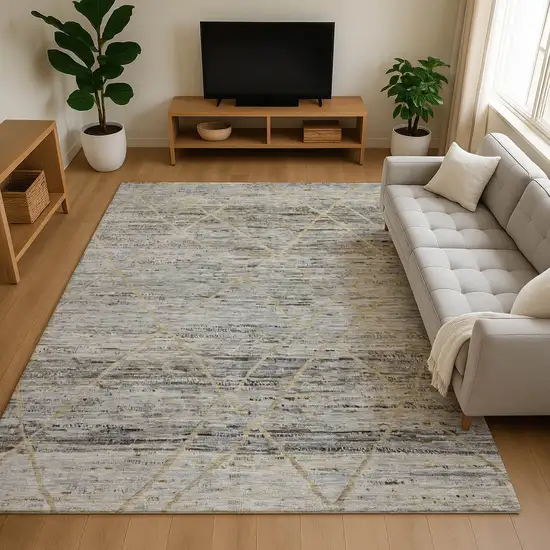 Pewter Beige And Gold Abstract Geometric Washable Area Rug With UV Protection Photo 4
