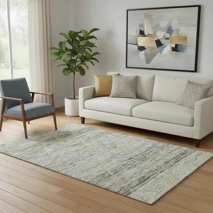 Pewter Beige And Gold Abstract Geometric Washable Area Rug With UV Protection Photo 2