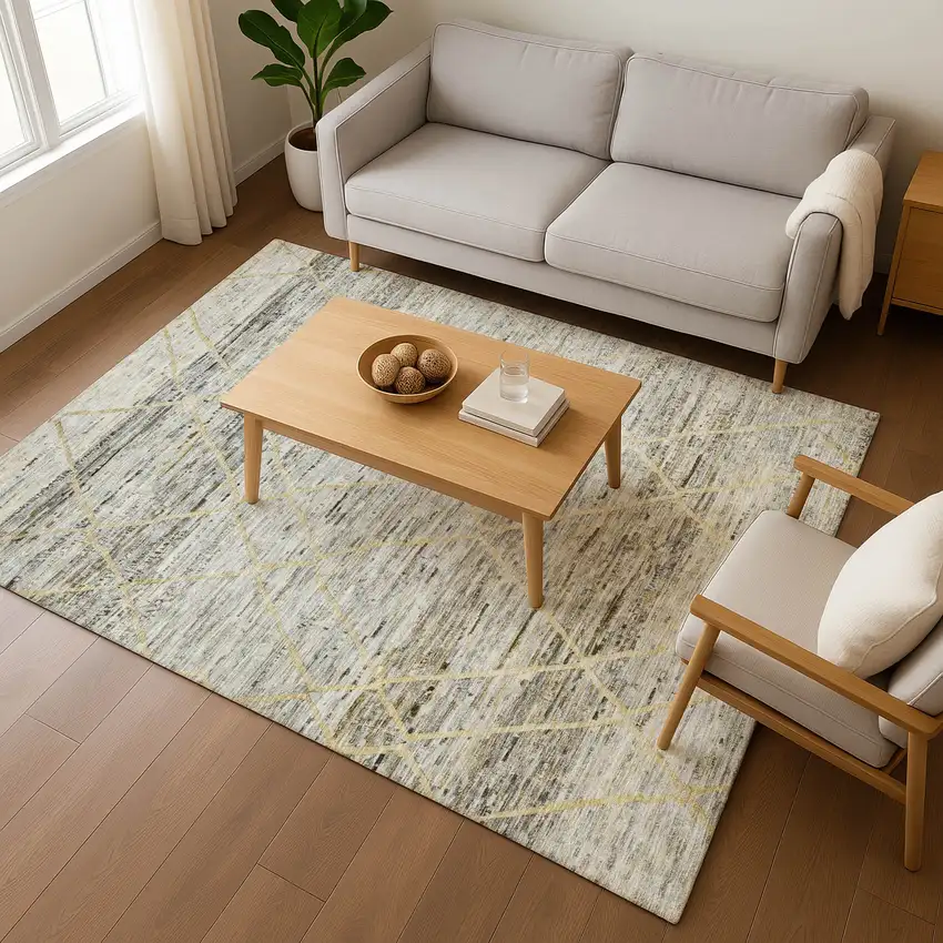 Pewter Beige And Gold Abstract Geometric Washable Area Rug With UV Protection Photo 5