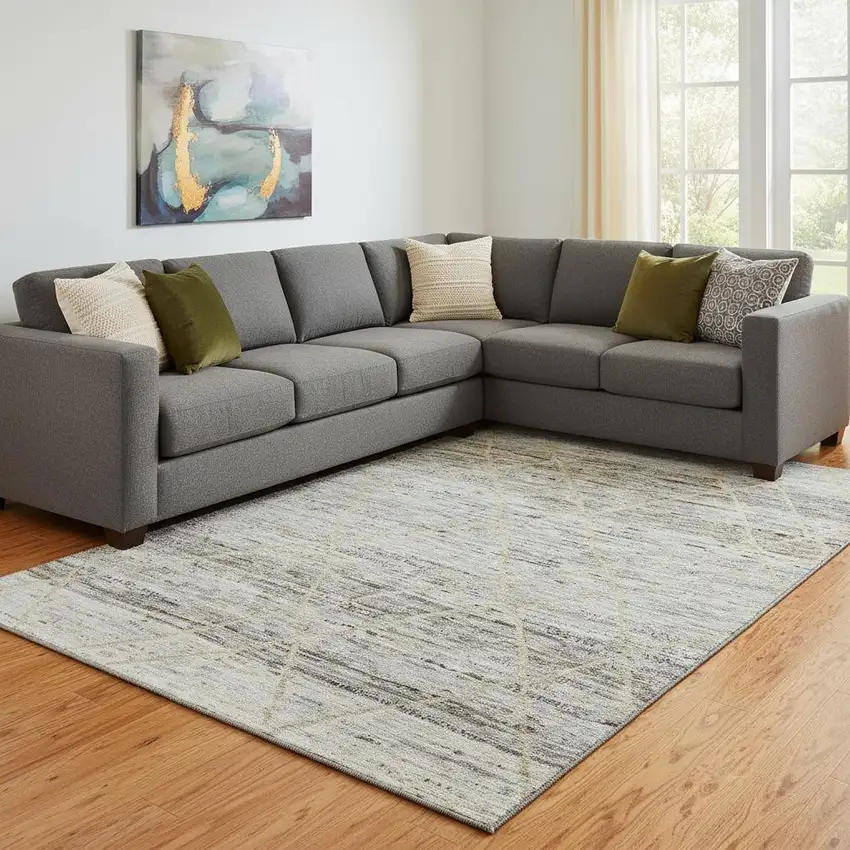 Pewter Beige And Gold Abstract Geometric Washable Area Rug With UV Protection Photo 2