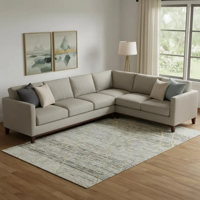 Pewter Beige And Gold Abstract Geometric Washable Area Rug With UV Protection Photo 2