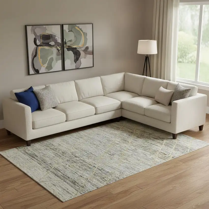 Pewter Beige And Gold Abstract Geometric Washable Area Rug With UV Protection Photo 2