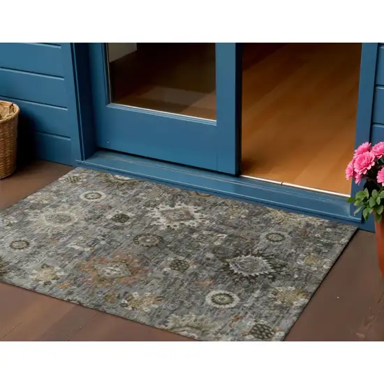 Pewter Beige And Gray Floral Medallion Washable Indoor Outdoor Area Rug Photo 2