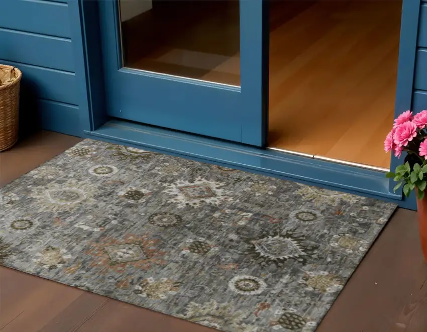 Pewter Beige And Gray Floral Medallion Washable Indoor Outdoor Area Rug Photo 2