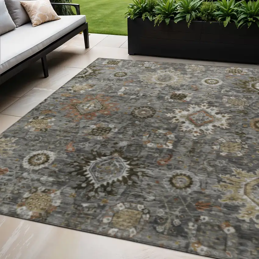 Pewter Beige And Gray Floral Medallion Washable Indoor Outdoor Area Rug Photo 2