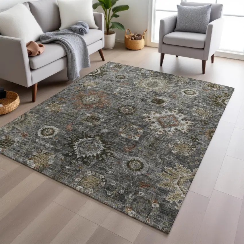 Pewter Beige And Gray Floral Medallion Washable Indoor Outdoor Area Rug Photo 6