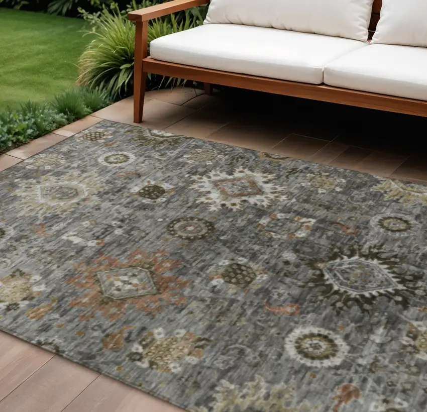 Pewter Beige And Gray Floral Medallion Washable Indoor Outdoor Area Rug Photo 2