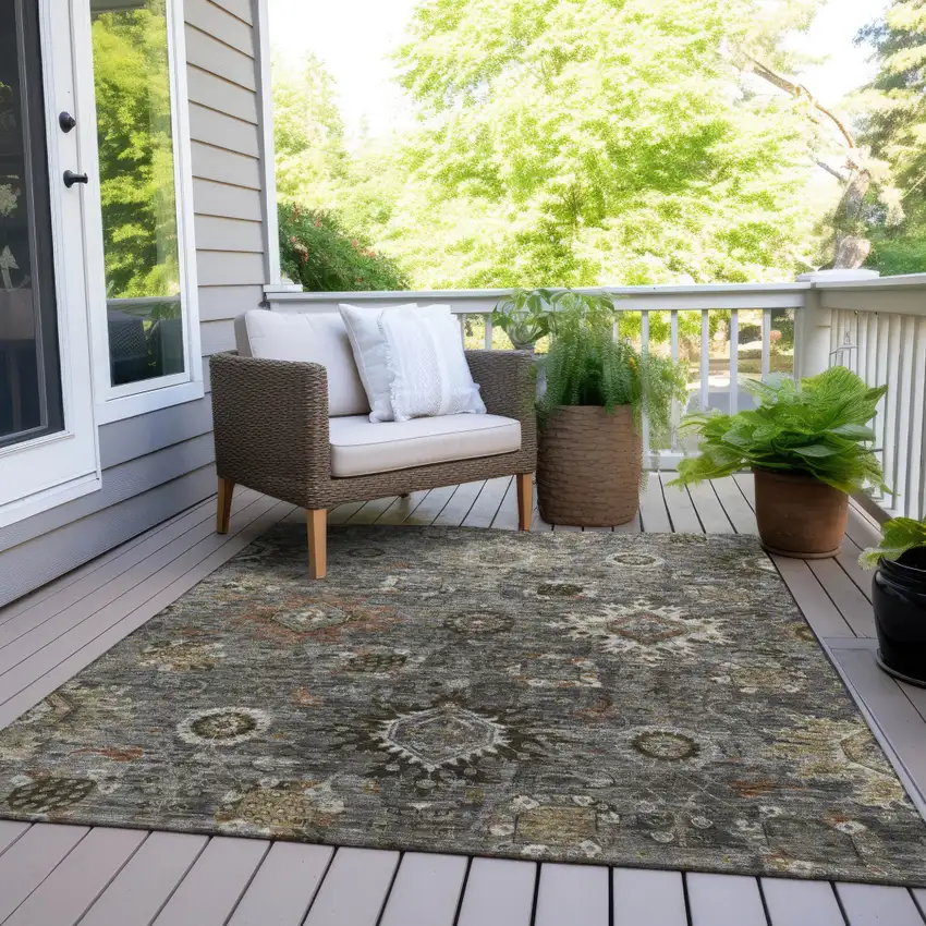 Pewter Beige And Gray Floral Medallion Washable Indoor Outdoor Area Rug Photo 8