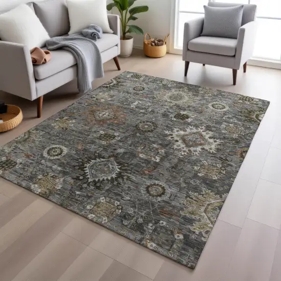 Pewter Beige And Gray Floral Medallion Washable Indoor Outdoor Area Rug Photo 6