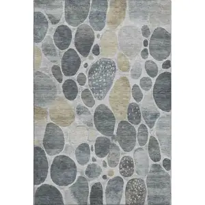 Photo of Pewter Beige And Gray Geometric Washable Area Rug With UV Protection