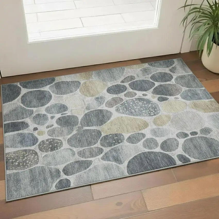 Pewter Beige And Gray Geometric Washable Area Rug With UV Protection Photo 2