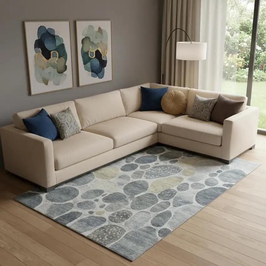 Pewter Beige And Gray Geometric Washable Area Rug With UV Protection Photo 2