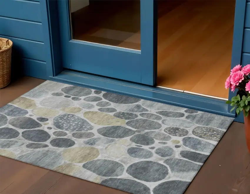 Pewter Beige And Ivory Geometric Washable Indoor Outdoor Area Rug Photo 2