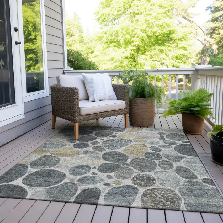 Pewter Beige And Ivory Geometric Washable Indoor Outdoor Area Rug Photo 6