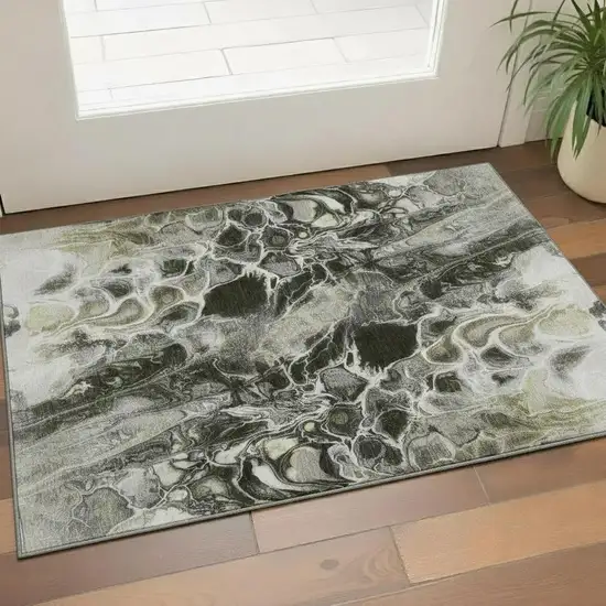 Pewter Black And Silver Abstract Washable Area Rug With UV Protection Photo 2