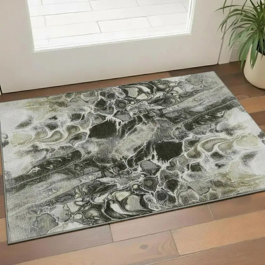 Pewter Black And Silver Abstract Washable Area Rug With UV Protection Photo 2