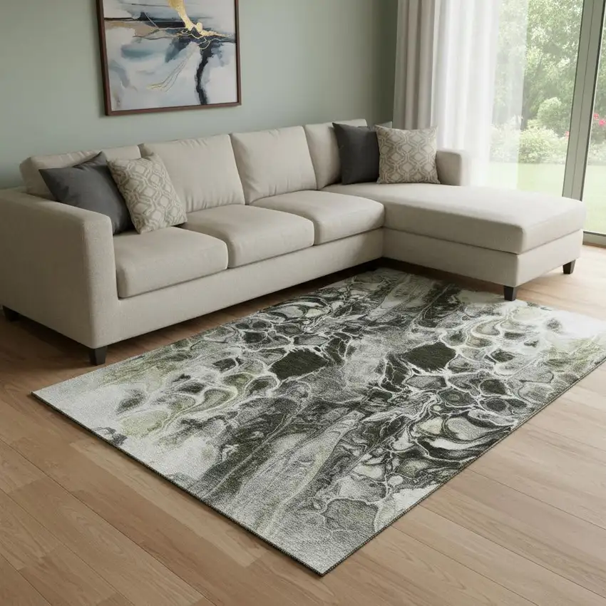Pewter Black And Silver Abstract Washable Area Rug With UV Protection Photo 2