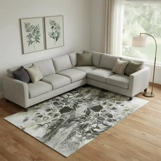 Pewter Black And Silver Abstract Washable Area Rug With UV Protection Photo 2