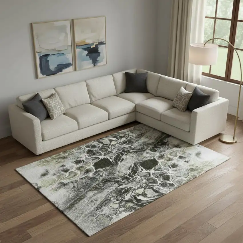 Pewter Black And Silver Abstract Washable Area Rug With UV Protection Photo 2