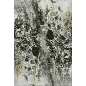 Photo of Pewter Black And Silver Abstract Washable Area Rug With UV Protection