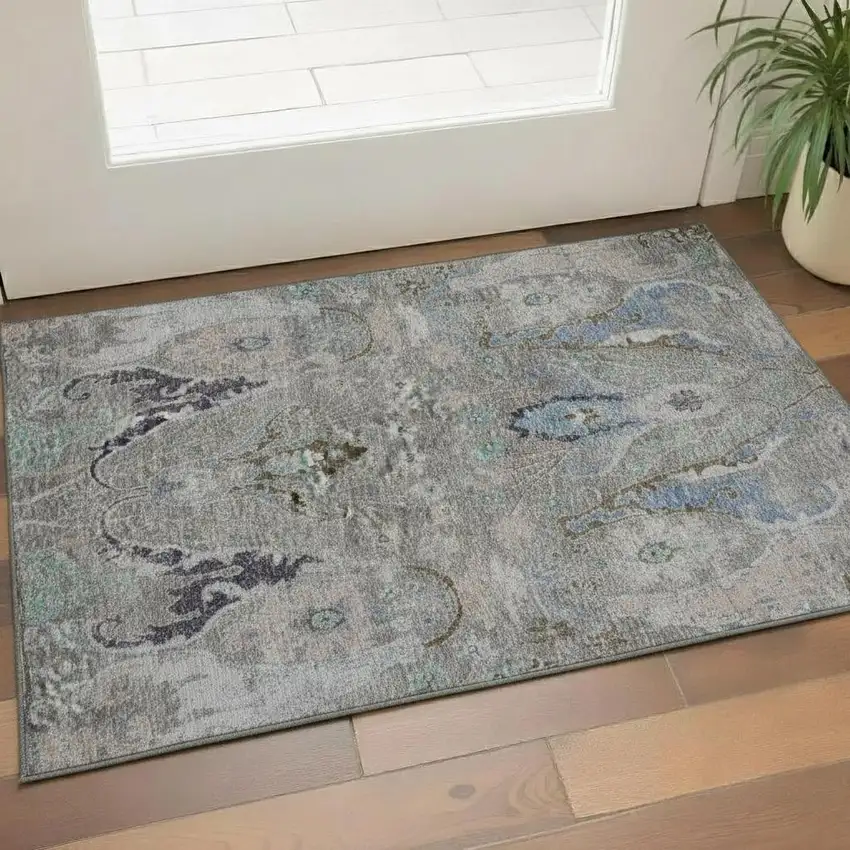 Pewter Blue And Gray Floral Washable Area Rug With UV Protection Photo 2