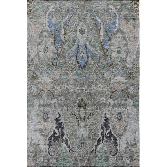 Pewter Blue And Gray Floral Washable Area Rug With UV Protection Photo 4