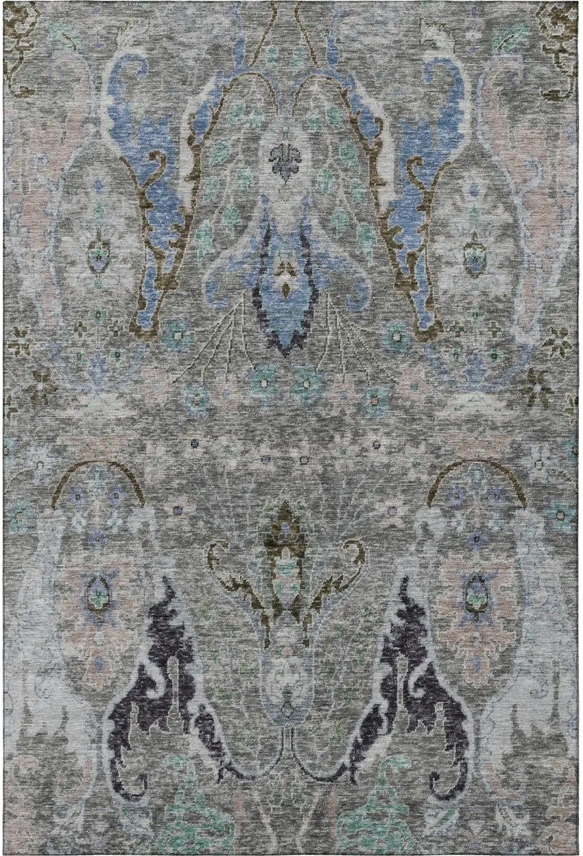 Pewter Blue And Gray Floral Washable Area Rug With UV Protection Photo 4
