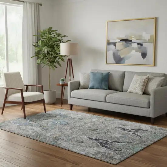 Pewter Blue And Gray Floral Washable Area Rug With UV Protection Photo 2