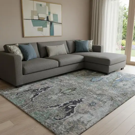 Pewter Blue And Gray Floral Washable Area Rug With UV Protection Photo 2