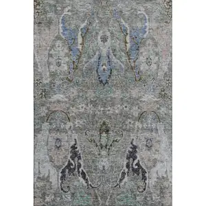 Photo of Pewter Blue And Gray Floral Washable Area Rug With UV Protection